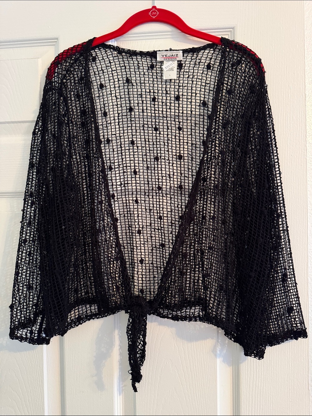 Veja Sheer Black Open-Knit Tie-Front Shrug